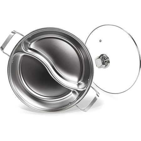 

HQ Stainless Steel Pot with Divider Weldless Hot Pot Two-Flavor Soup Pot Shabu Shabu Pot Induction Cookware with Toughened Glass Lid 12 inch 4.6-Quart Silver