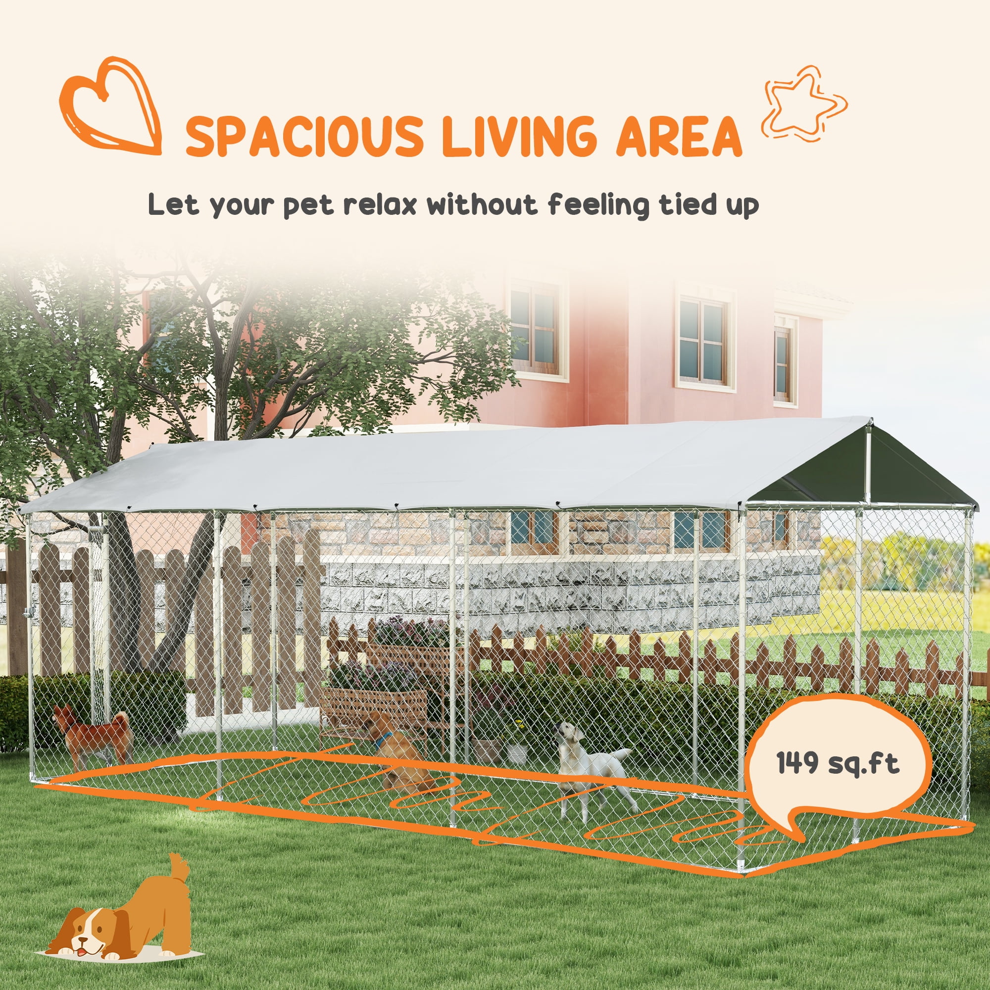 Outdoor Dog Kennel Heavy Duty Dog Run, Anti-Rust Dog Cage With Waterproof UV-Resistant Cover And