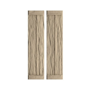 Ekena Millwork 11"W x 64"H Rustic Two Board Joined Board-n-Batten Riverwood Faux Wood Shutters w/End Batten (Per Pair), Primed Tan