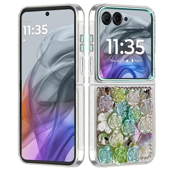 Phone Case for Motorola Razr 2026, Razr 2025, Razr 2024 3D Flower Bling Rhinestone Glitter Cute Stylish Shockproof Protective Decorative Luxury Grip Stones Ornaments Cover [Green]