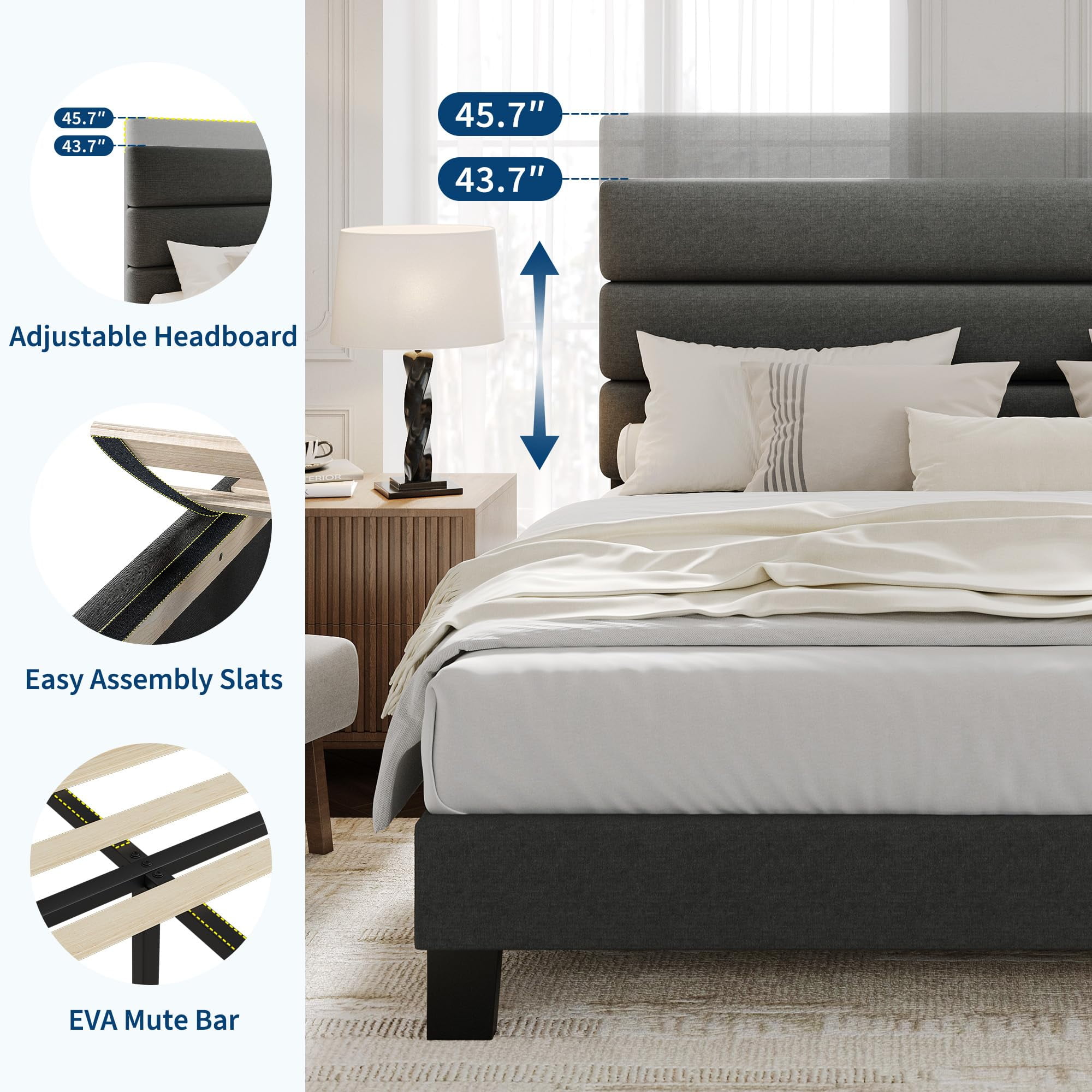 Danolapsi Full Size Bed Frame Platform Bed with Adjustable Headboard, Linen Fabric Upholstered and Wooden Slats Support, Heavy Duty Mattress Foundation, No Box Spring Needed, Easy Assembly