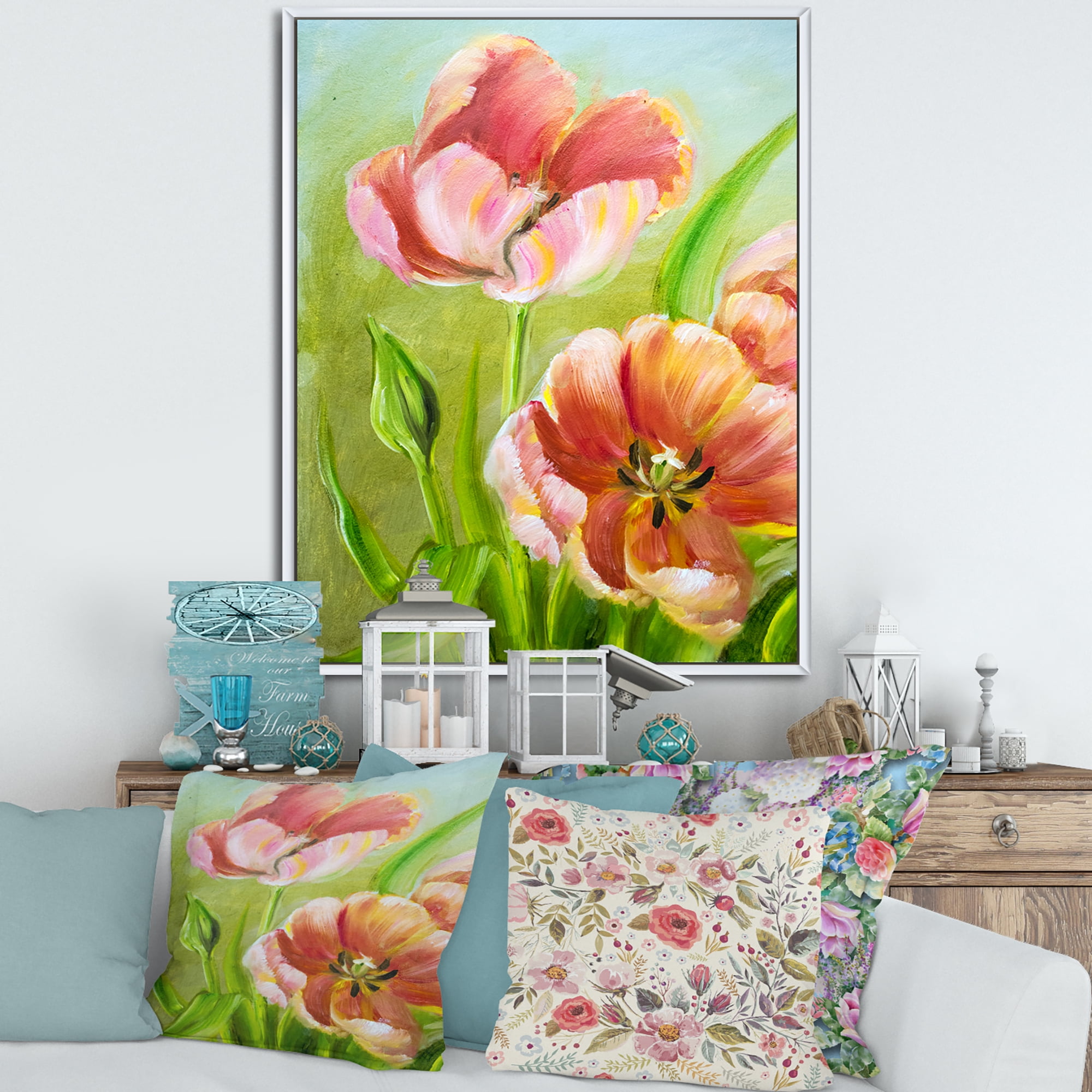 Designart 'Ancient Red Tulips Flowers III' Traditional Framed Canvas Wall Art Print
