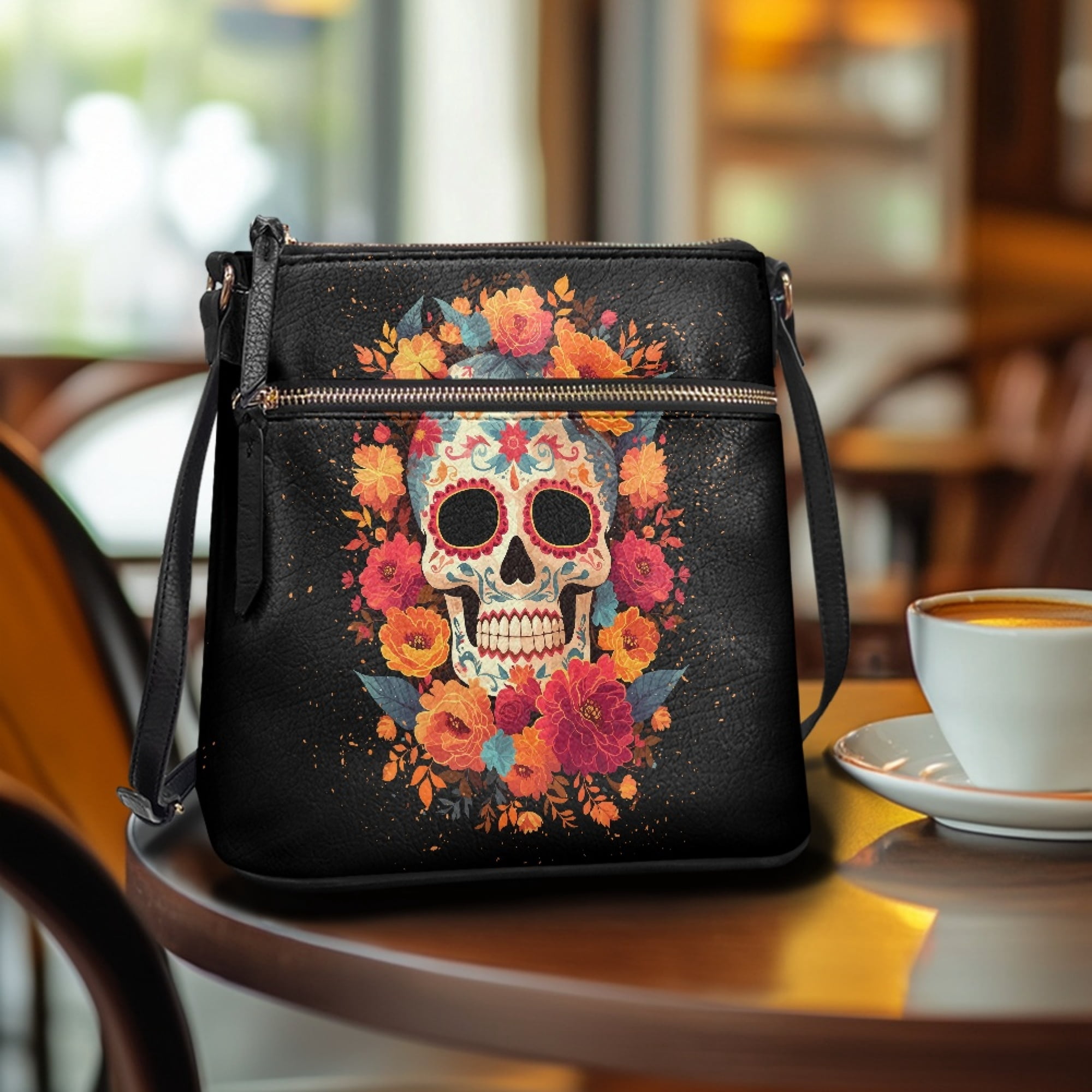 Kuiaobaty Skull Lotus Print Crossbody Bag for Women, Day of The Dead Vegan Leather Shoulder Handbag Crossbody, Lightweight Travel Sling Purse with Adjustable Strap for Halloween