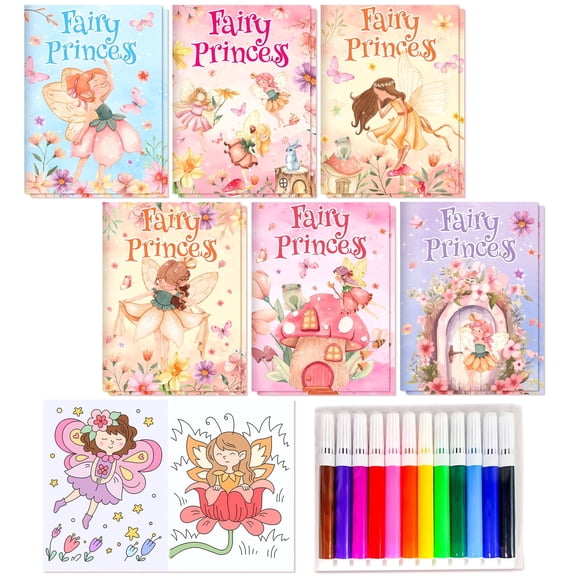 Fairy Princess Coloring Set - Interactive Party Decoration & Creative Activity Kit with 12 Books, 12 Sheets, 12 Markers