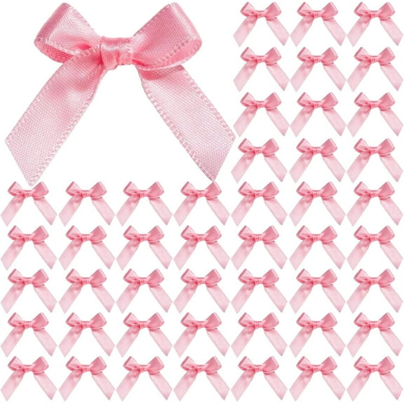 Mini Pink Bows - 50 PCS, Satin Fabric Ribbons for Crafts, Tiny Bows for Wedding Party Favors, Gift Box Decorations
