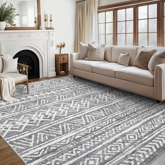 6x9 Washable Bedroom Rug Non-Slip Low Pile Stain-Resistant Ultra Soft Foldable Lightweight Modern Accent Rug Living Room Playroom Beige & Gray