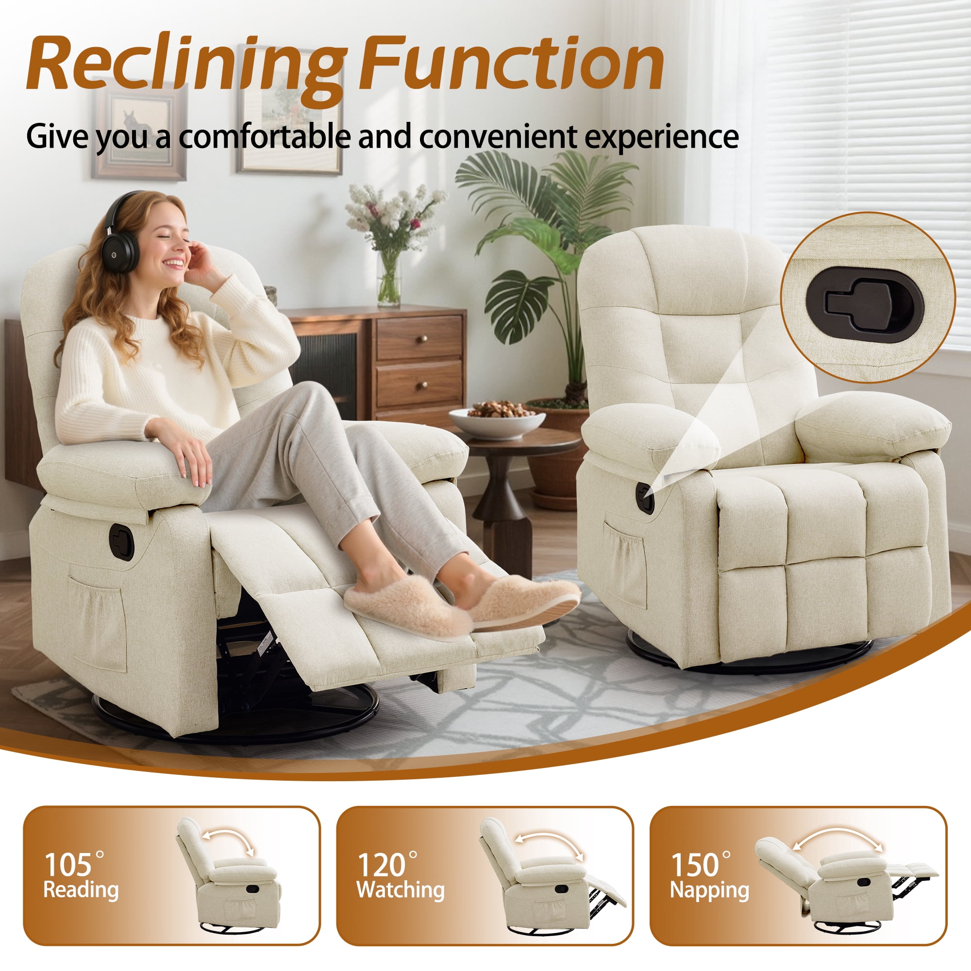 Korser Manual Swivel Rocker Recliner Chair for Living Room,Small Recliner Sofa for Small Spaces,Linen Fabric,Beige
