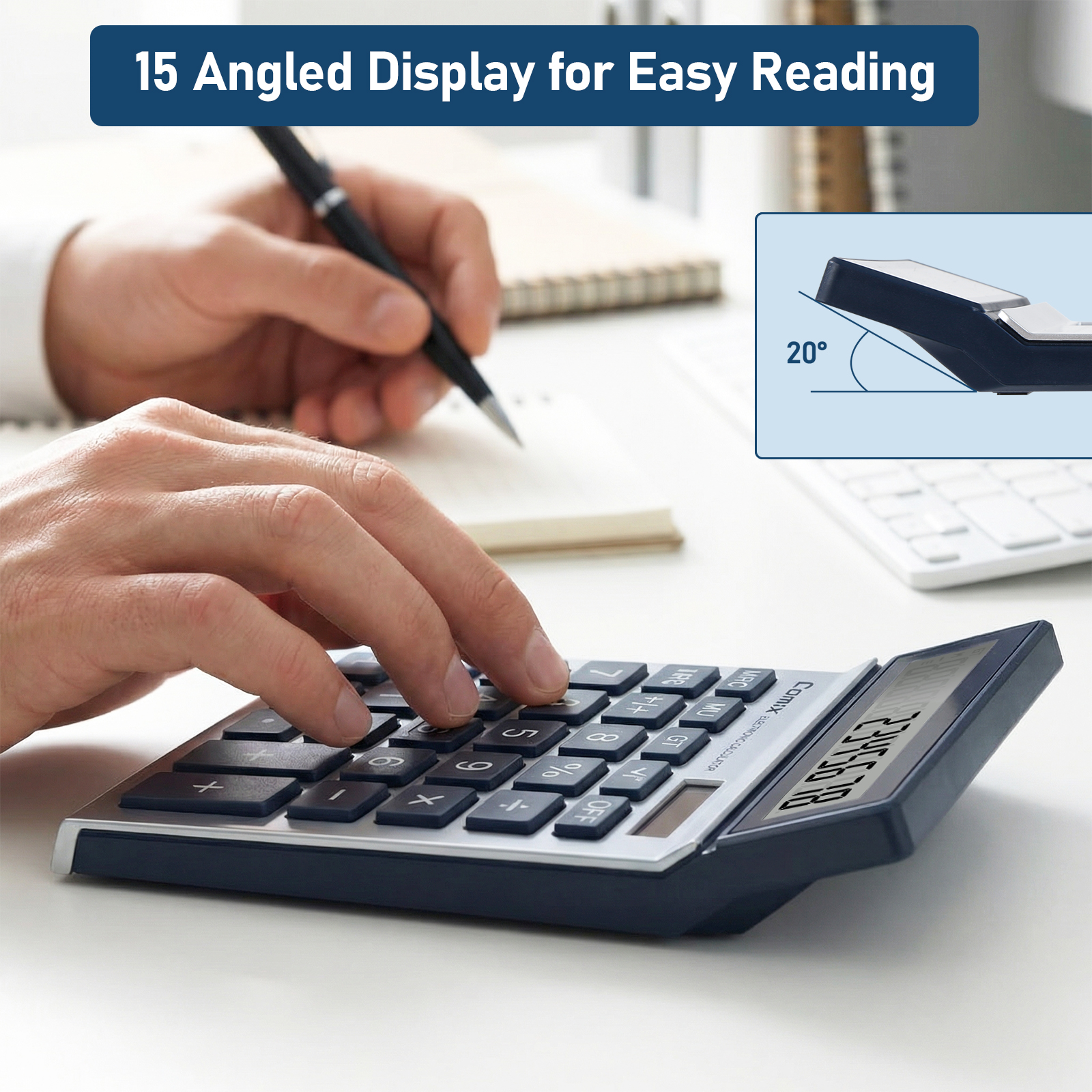 COMIX 12-Digit Desktop Calculator, Dual Power, Blue photo 3