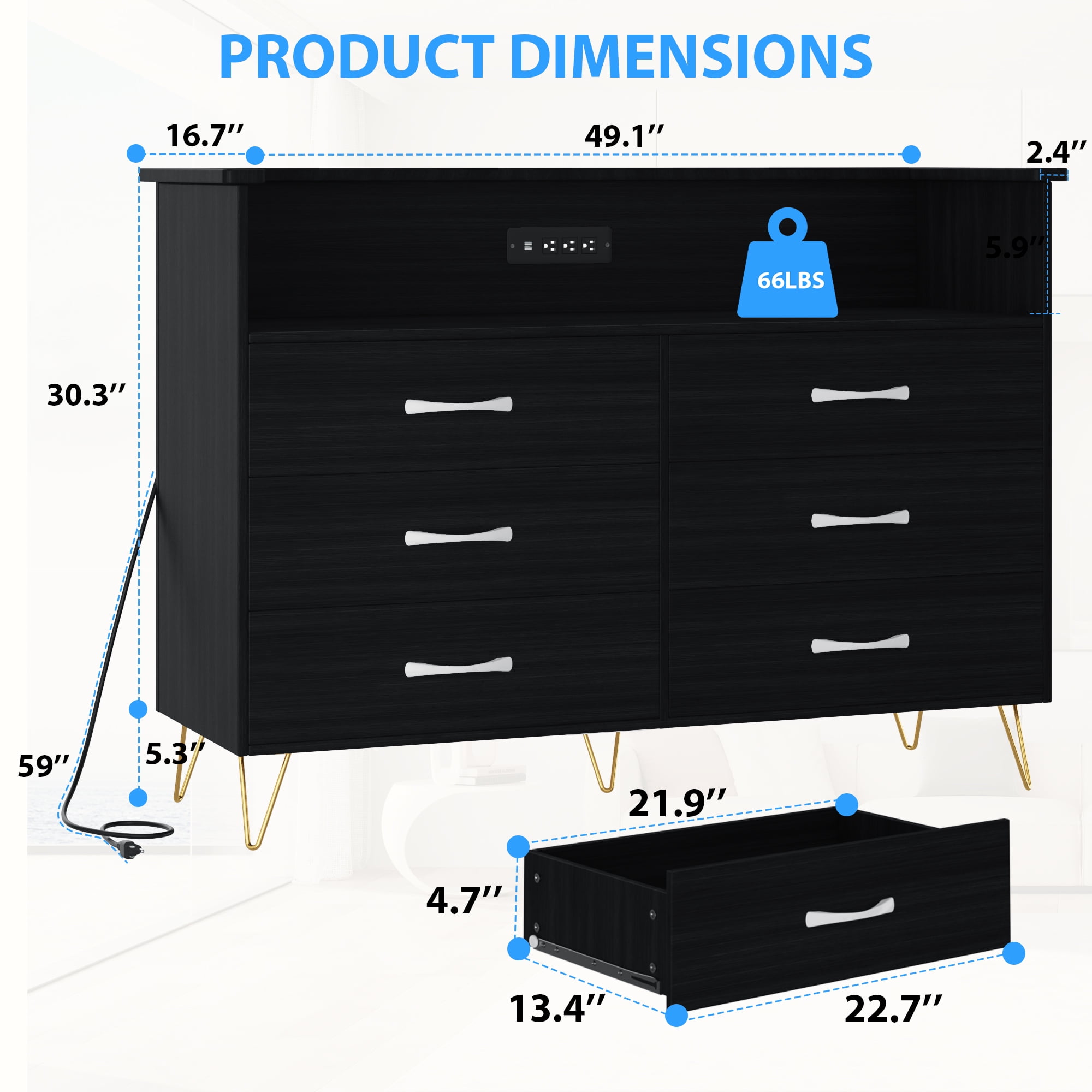 Homhougo Dresser for Bedroom 6 Drawer Black with LED Light & Charging Station, Wooden Dressers and Chests of Drawers with 2-Tier Open Shelves, Wide Dresser Organizer for Living Room Hallway Entryway