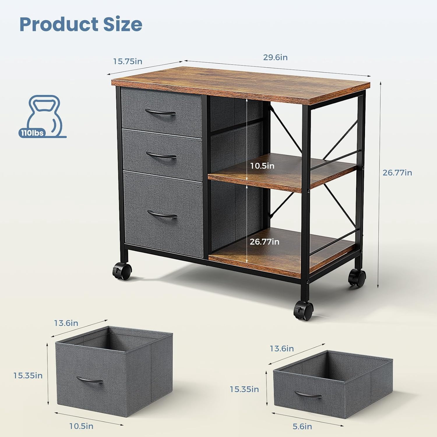 LIFERECORD 3-Drawer Cabinet with Wheels,Fabric Dresser with Wood Top and Shelves, Chest of Drawer Organizer Storage Cabinet, Bedside Table, Brown