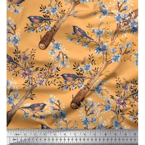 Soimoi Orange Cotton Jersey Fabric Blue Floral & American Robin Bird Printed Craft Fabric by The Yard 58 Inch Wide