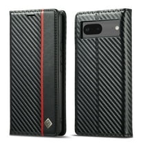 Dteck For Google Pixel 7 Magnetic Carbon Fiber Leather Case with Card Holder for Men and Women, Folio Flip Cover with RFID Blocking, #2 Black