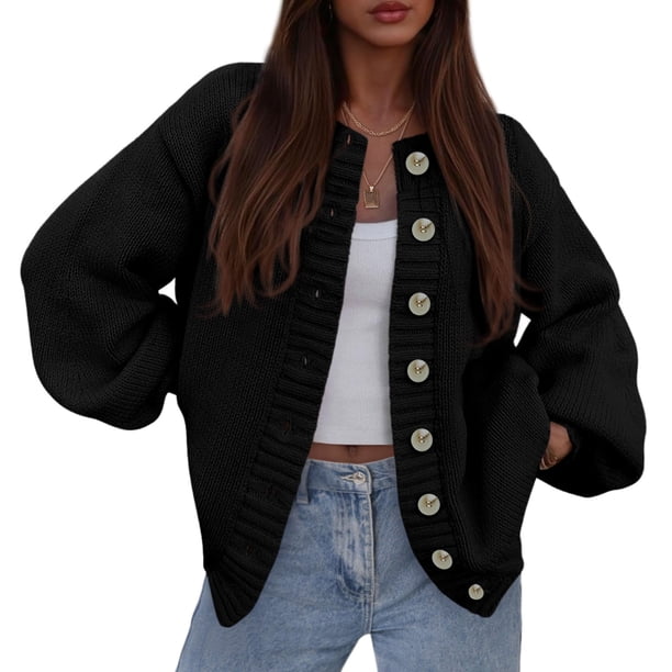 Suéter PRETTYGARDEN 2025 Invierno Tejido Grueso con Botones Negro M
