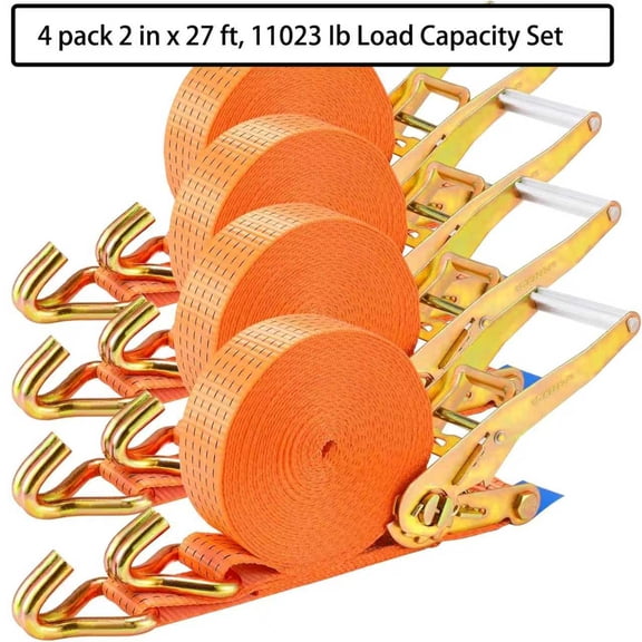 4 Pack Heavy Duty Double J Hook Ratchet Straps - 2 Inch x 27 Feet, 11000Lb Break Strength, Orange Tie Down Straps for Trucks
