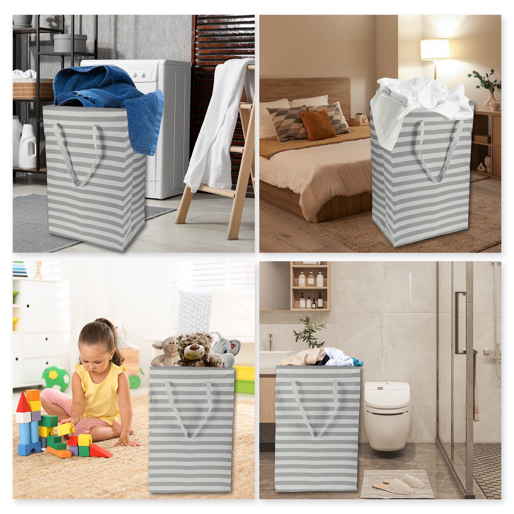 Unique Bargains Laundry Basket, Foldable Laundry Hamper with Handles White Gray