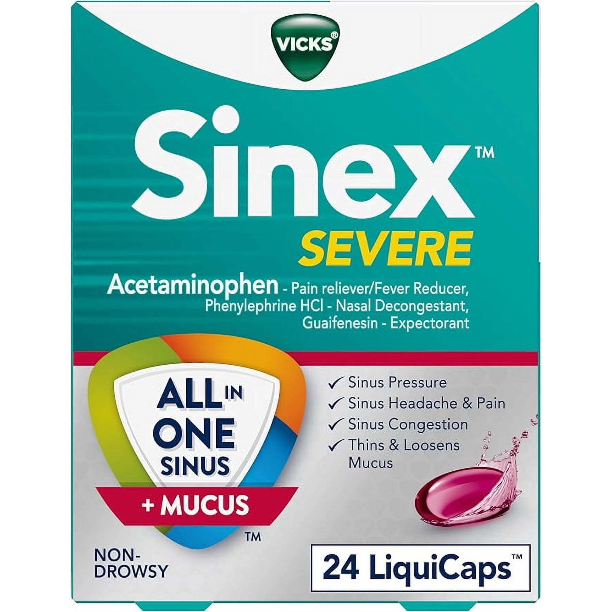 Vicks Sinex SEVERE, All-In-One Sinus + Mucus Relief, Non-Drowsy, Loosens Mucus, Maximum Strength Relief of Pain, Pressure, Congestion, & Headache Relief, 24 LiquiCaps