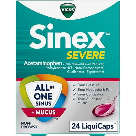 Vicks Sinex SEVERE, All-In-One Sinus + Mucus Relief, Non-Drowsy, Loosens Mucus, Maximum Strength Relief of Pain, Pressure, Congestion, & Headache Relief, 24 LiquiCaps