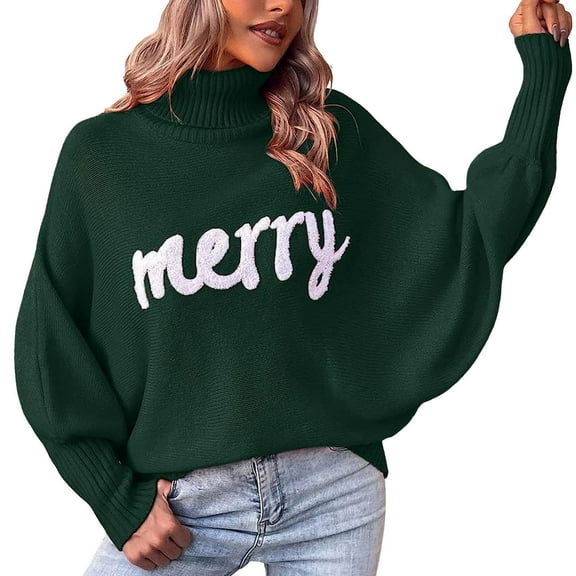 Women's Sweater Merry Letter Print Christmas Knitted Long Batwing Sleeve Warm Turtleneck Xmas Lightweight Sweaters