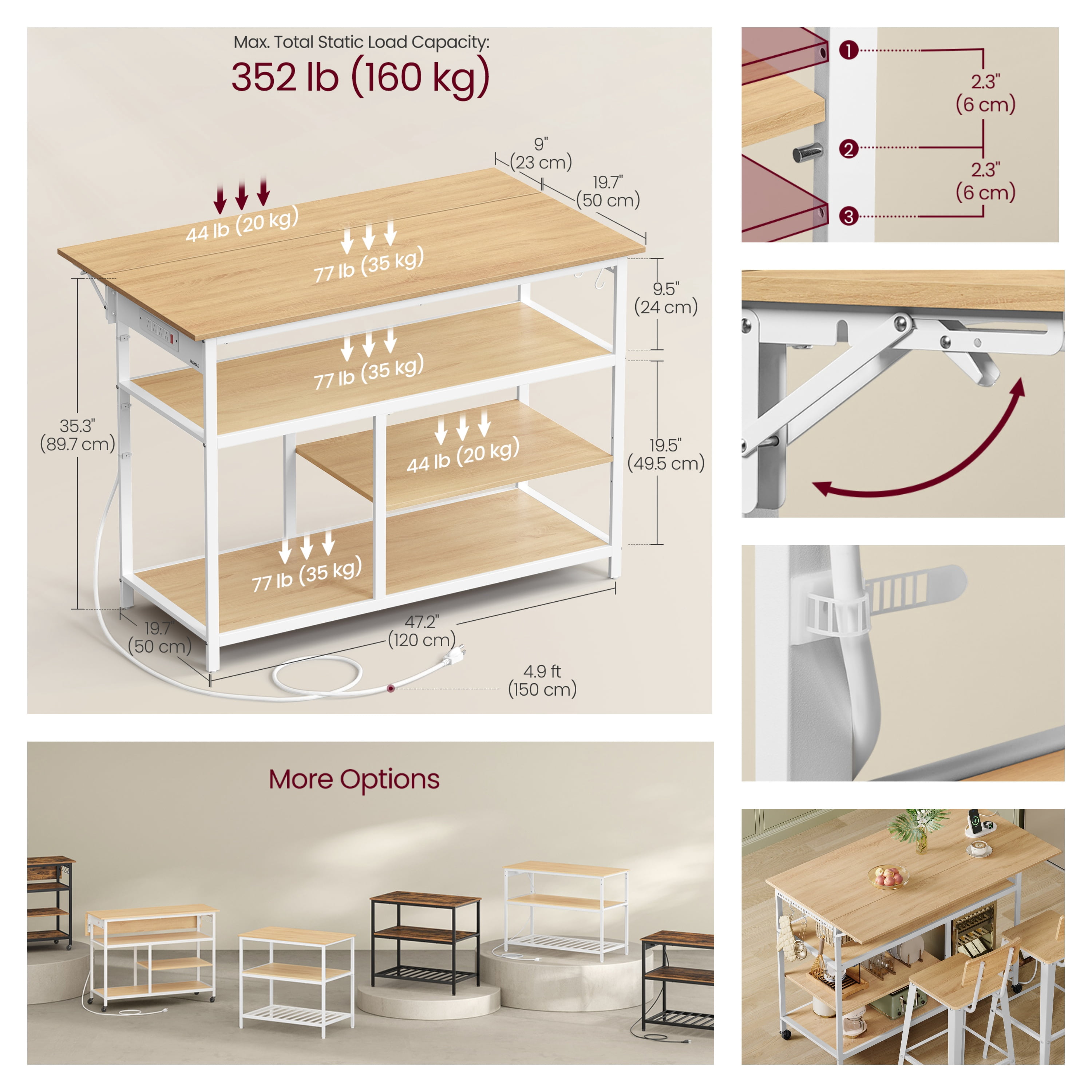 LEDREM Kitchen Island Cart with Extendable Worktop - 47.2" Wide, Power Strip, Adjustable Shelf & Pegboard, Locking Wheels, Golden Oak and White