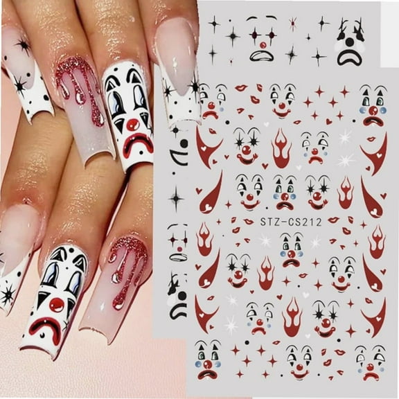 6 Sheets Funny Face Gothic Nail Art Stickers Interesting and Lovely Nail Designs Accessories Skull Face Stars Nail Decals 3D Self-Adhesive Abstract Nail Art Decoration for Women DIY Manicure Supplies
