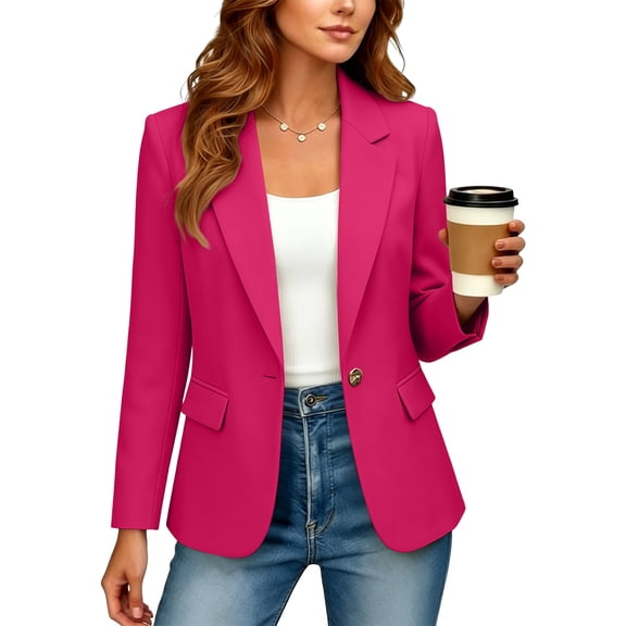 Women's Blazer Business Casual Lightweight Suit - Long Sleeve Slim Fit Work Office Jacket with Pockets Hot Pink M