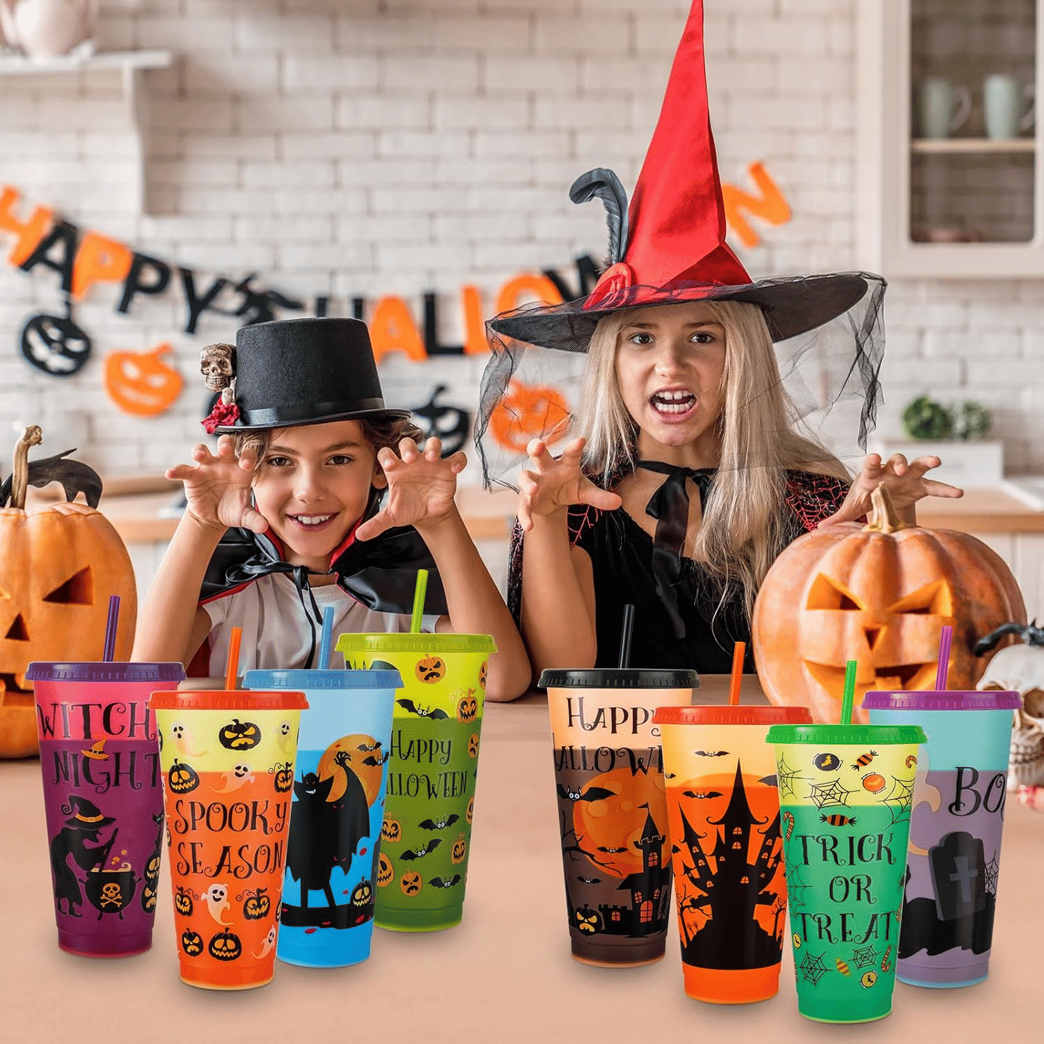 24 oz Color Changing Halloween Cups Set of 8 with Spooky Designs