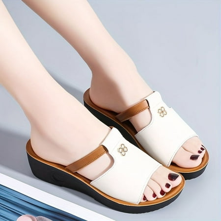 

XWQZSS Women s Non-slip Wedge Summer Shoes Solid Color Platform Sandals Slip On Buckle Decor Soft Sole Casual Slides