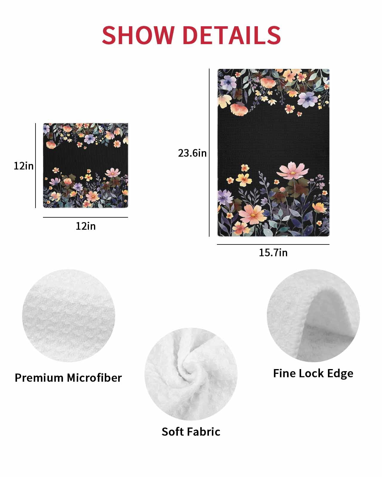 Black Spring Floral Kitchen Dish Towels for Drying Dishes Set of 4, Elegant Flowers Farmhouse Botanical Waffle Weave Microfiber Hand Tea Bathroom Towels Quick Dry & Absorbent Towel 12x12