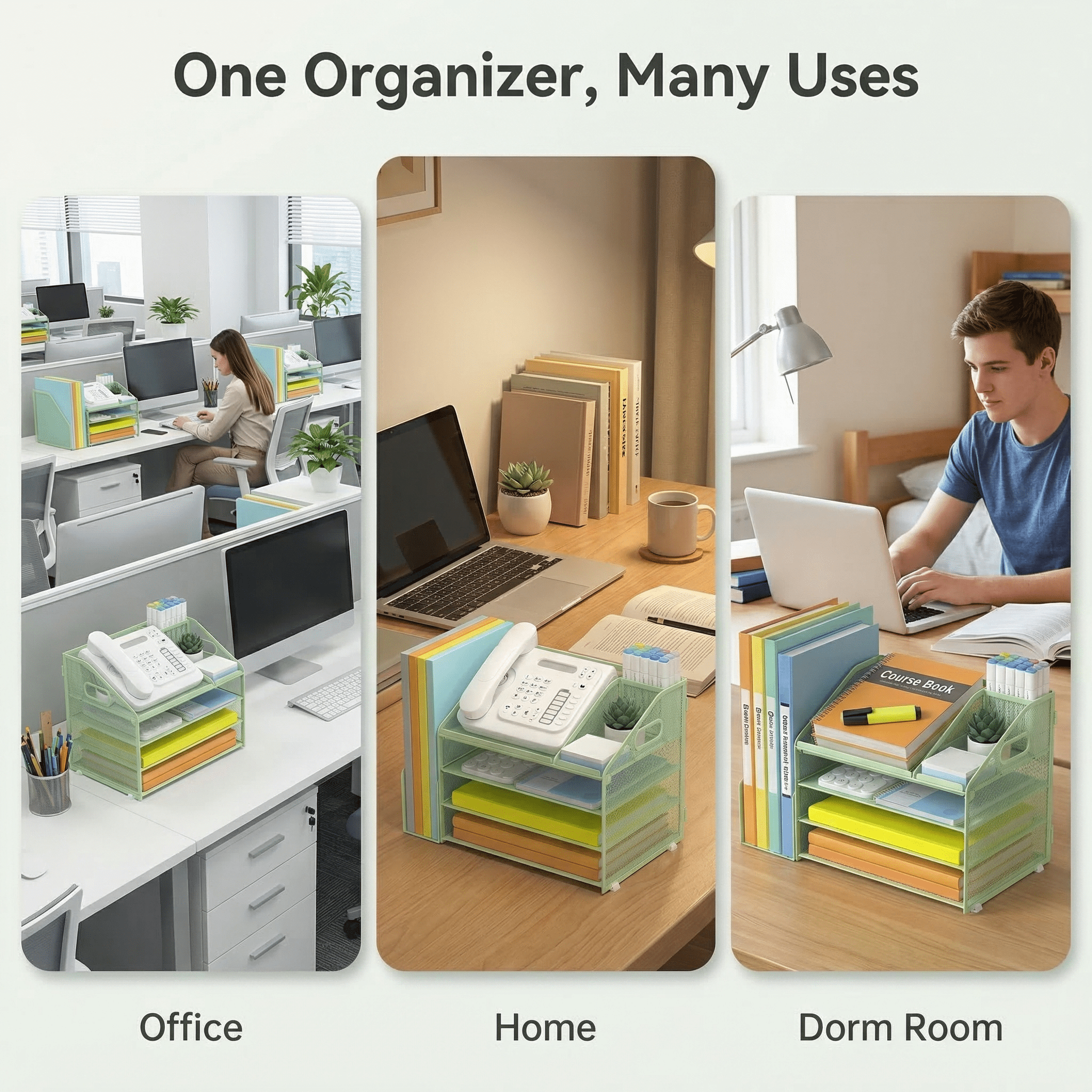 Yinghua 4-Tier Paper Letter Tray File Organizer, Mesh Desk Organizer with Handle & Pen Holder, Office Workspace Storage - Green