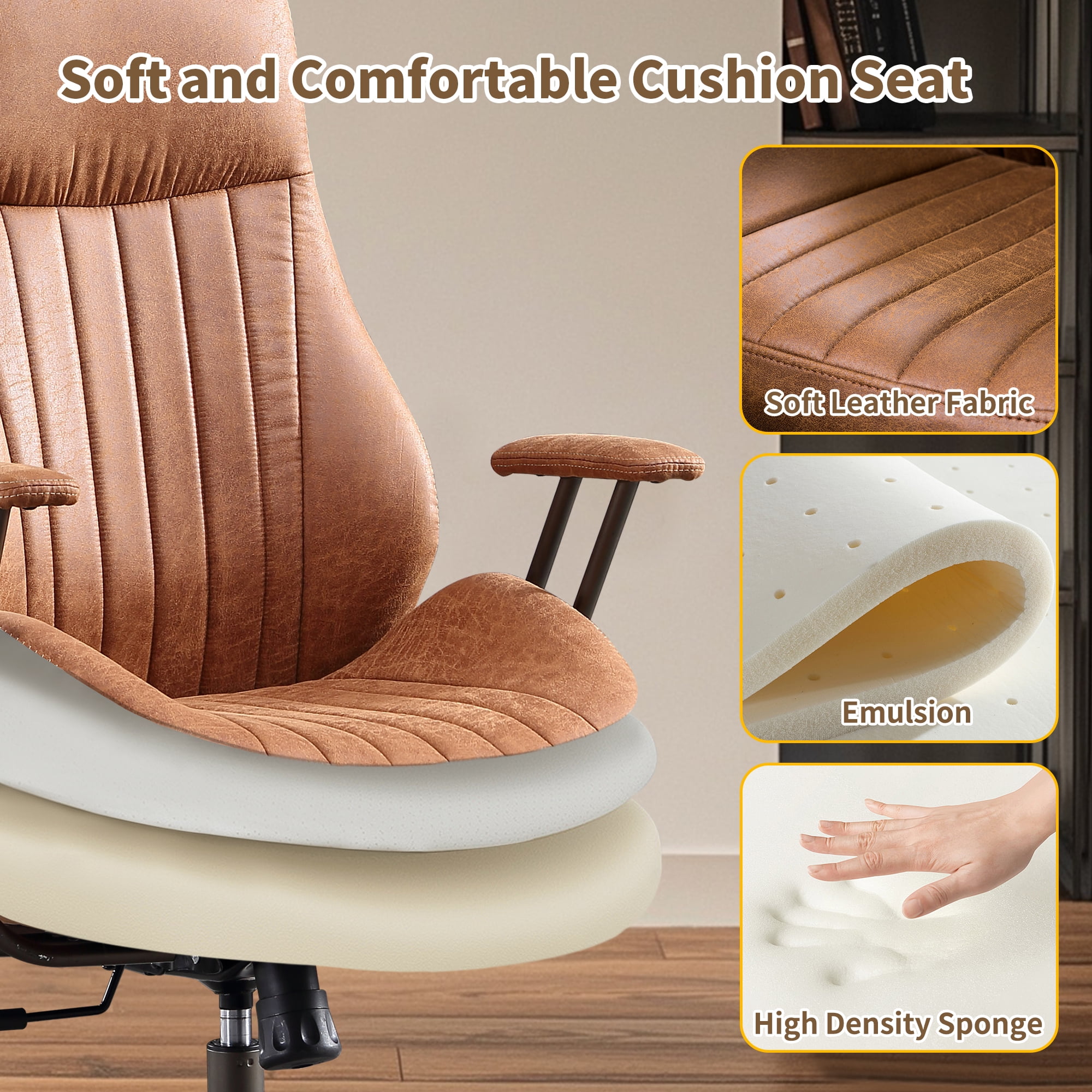 Toject Ergonomic Office Chair, High Back Comfy Home Office Chair with Lumbar Support, Mid-Century Modern Computer Executive Desk Chair with Padded Armrests (Suede Leather, Brown)