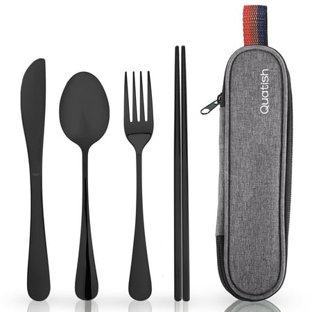 Travel Utensils with Case, Quatish Portable Silverware Set for Work, Lunch Box Reusable Travel Cutlery Set for Camping, 304 Stainless Steel Fork and Spoon Set(Black)