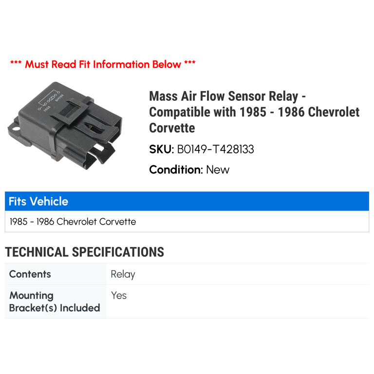 New SMP Mass Air Flow Sensor Relay For 1987-1989 Chevrolet Corvette New SMP Mass Air Flow Sensor Relay For 1987-1989 Chevrolet Corvette
