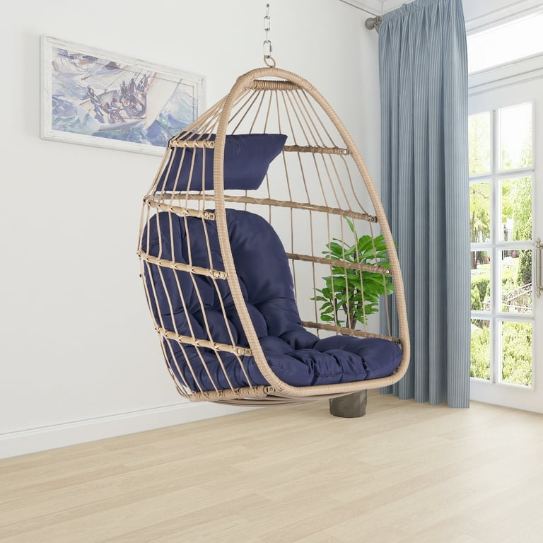 Hanging Egg Chair Indoor Outdoor Swing Egg Chair Without Stand Wicker Hammock Chair Swing with Cushion Hanging Chain Hanging Lounge Chair for