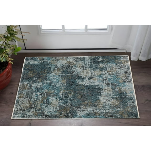 HomeRoots 575419 3 x 5 ft. Abstract Rectangle Area Rug with Fringe, Blue & Gray