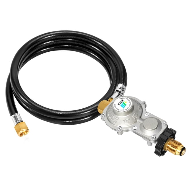 GasSaf 5FT 2 Stage Propane Regulator with Hose, 90 Degrees RV Propane Regulator for Dual Fuel Generator, RV, Camp Stoves, Gas Gri