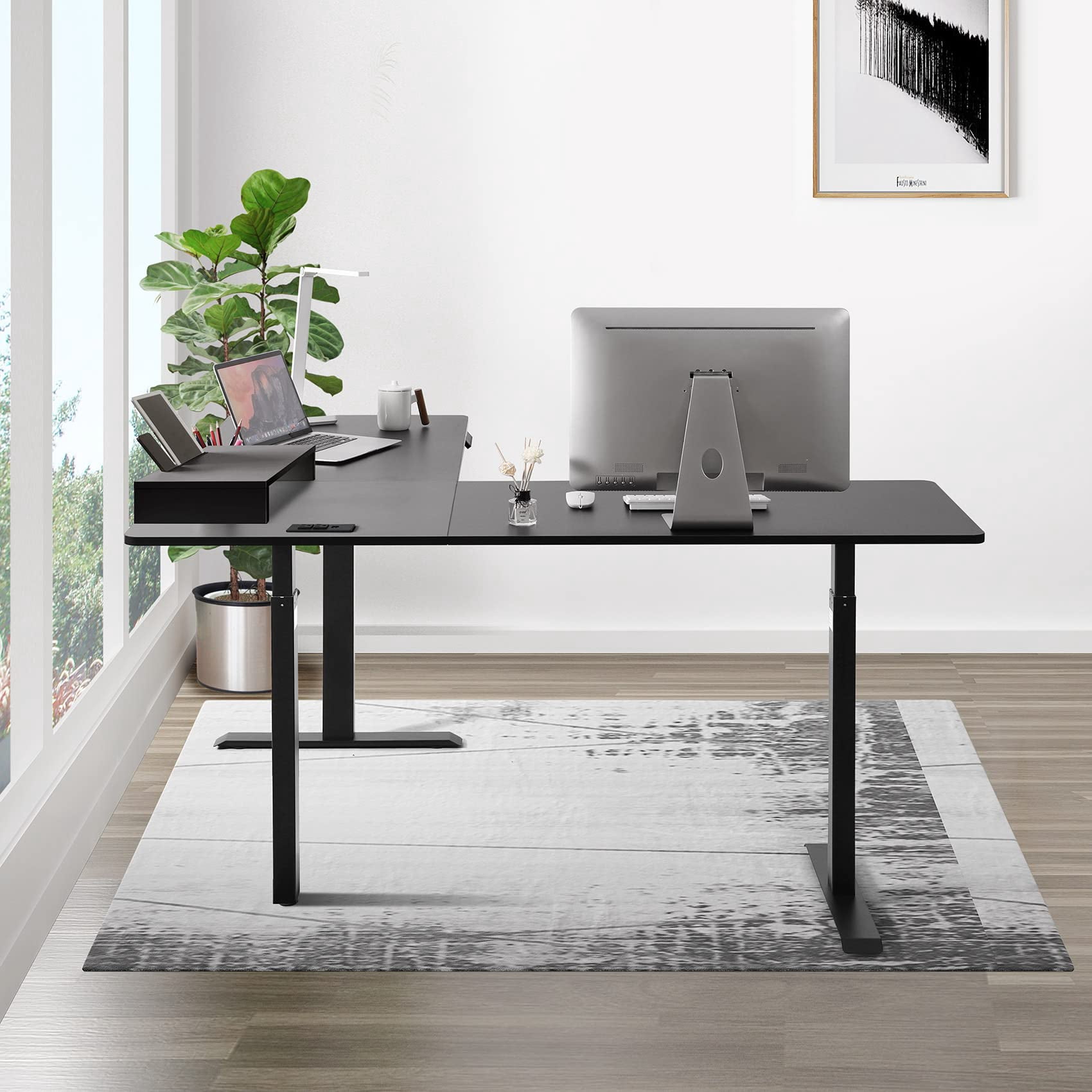 UNICOO® L-Shaped Triple Motor Electric Height Adjustable Standing Desk - Gaming & Home Office Corner Desk, with Easy Touch Control & Solid Steel Construction (Black Top/Black Frame - XOT-L3E-BB)