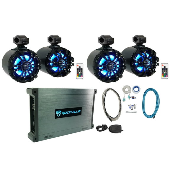 (4) Rockville WB65KLED Black 6.5" LED Marine Wakeboard Swivel Tower Speakers Amp