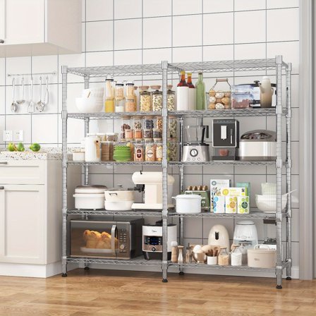 Heavy Duty 5-Tier Adjustable Metal Storage Shelves - Open Wire Shelving Unit for Kitchen, Pantry, Garage - Space-Saving Floor Standing Rack with Sturdy Construction