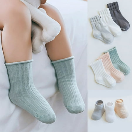 

MyBeauty 3 Pairs Kids Baby Boy Girl Solid Color Anti-slip Elastic Breathable Cotton Socks 2# XS