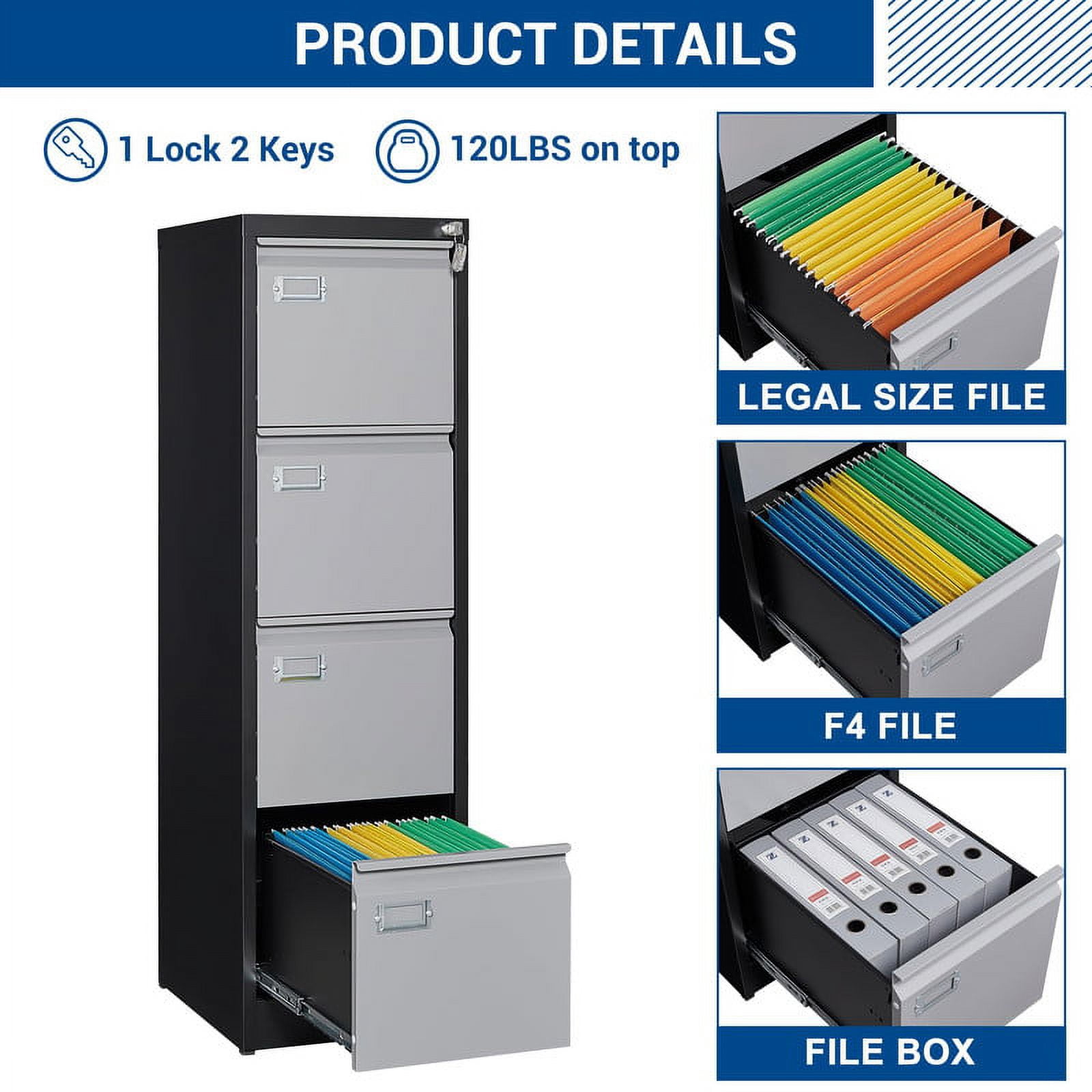 STANI 4 Drawers Vertical File Cabinets - 17.8" Deep Lockable Filing Cabinet - Metal Storage Cabinets for Home Office to Hanging Files Letter/Legal/F4/A4 Size
