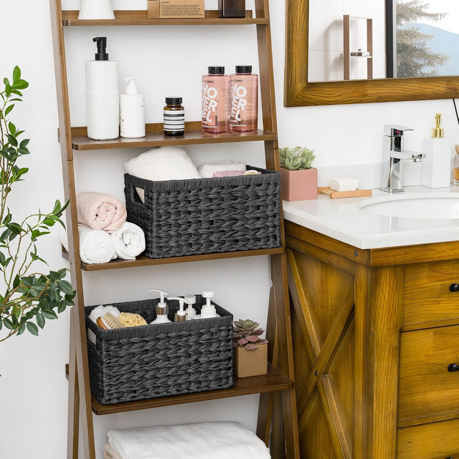 GRANNY SAYS Wicker Storage Baskets for Shelves, Waterproof Woven Baskets for Organizing, Hand Woven Rectangle Basket for Pantry, Black, 2-Pack