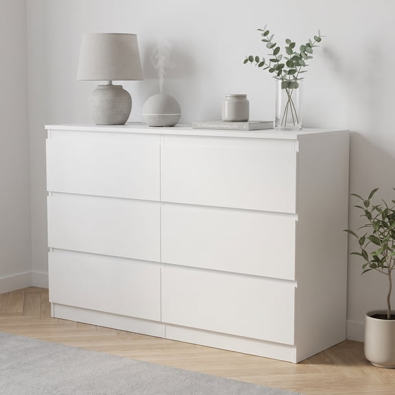Prilinex White Dresser for Bedroom, 6 Drawer Double Dresser, 47" W Modern Wood Chest of Drawers for Living Room Closet