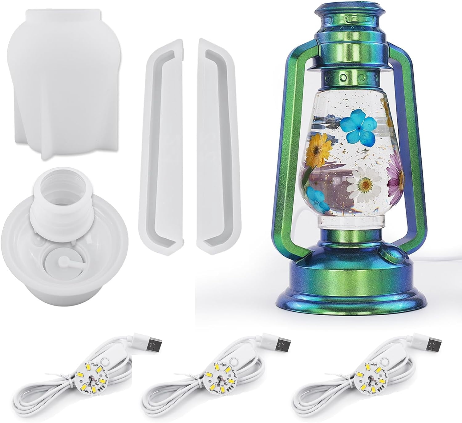 Oil Lamp Resin Molds Set, Hurricane Lamp Silicone Mold for Resin Casting, Epoxy Light Molds with 3pcs LED Lights DIY Retro Lantern Indoor Oil Lamps for Table Fireplace Home Decoration