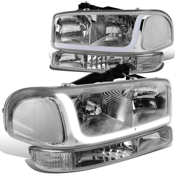 DNA Motoring For 99-07 GMC Sierra Yukon LED DRL Headlight w/Bumper Signal Lamp Pair Chrome Clear