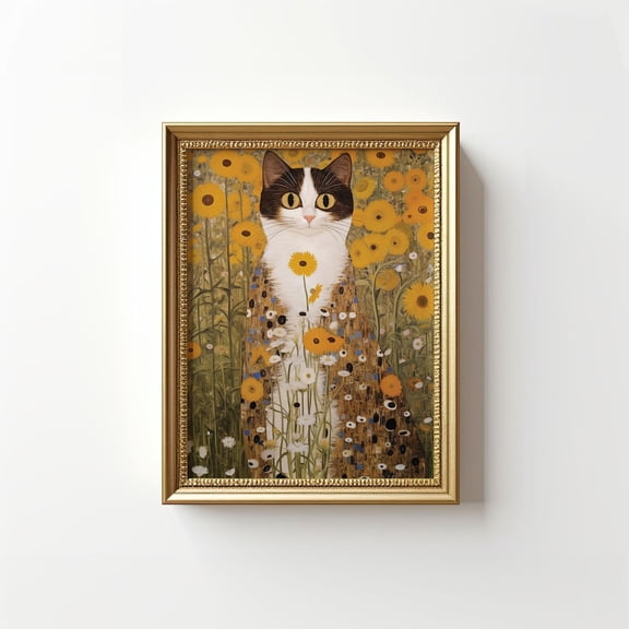 Gustav Klimt Garden Cat Print, Klimt Flowers Cat Poster, Retro Cat Wall Art, Cat Wall Art, Art Nouveau Print, Home Decor #287, Unframed Poster Size 8x12