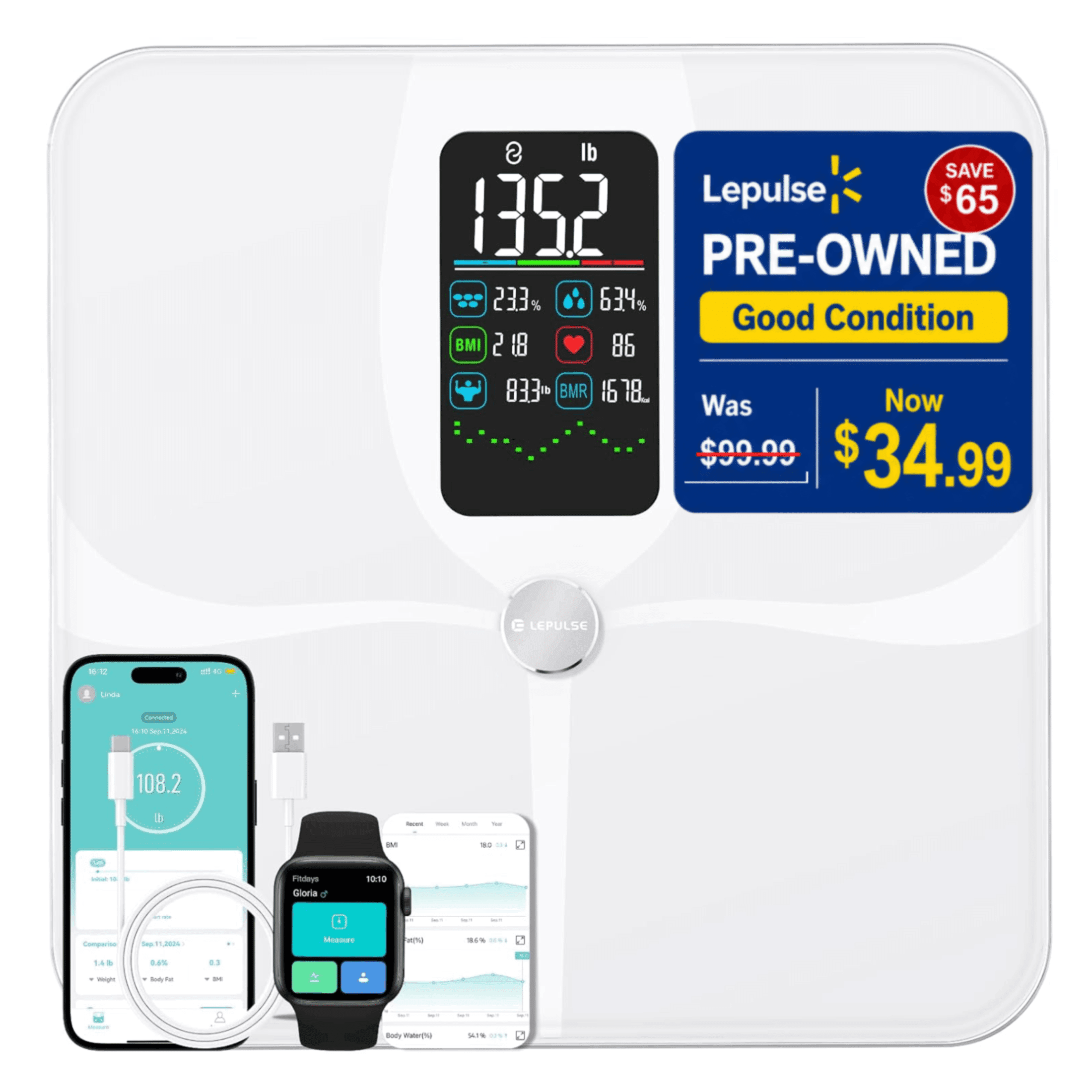 Open Box Checkme Lepulse Smart Scale for Body Weight, 22 Body Composition Analyzer-BMI, Body Fat, Muscle Mass & Heart Rate, 4.68" Large VA Display w/ Trend Tracking, High Accuracy Digital Bathroom Scale,White