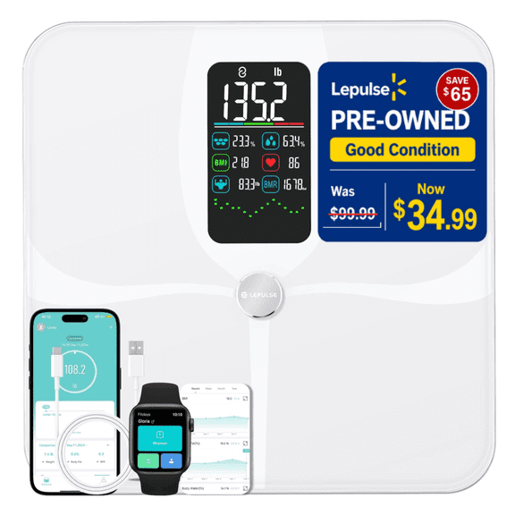 Open Box Checkme Lepulse Smart Scale for Body Weight, 22 Body Composition Analyzer-BMI, Body Fat, Muscle Mass & Heart Rate, 4.68" Large VA Display w/ Trend Tracking, High Accuracy Digital Bathroom Scale,White