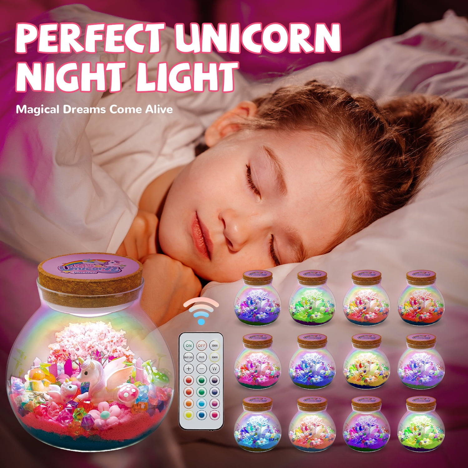 Flooyes Unicorn Toy for Girls 3 4 5 6 7 8+ , DIY Terrarium Kit for Kids, Art& Crafts Kit, Colorful LED Night Light Birthday  Gift for Kids 3-6 Years