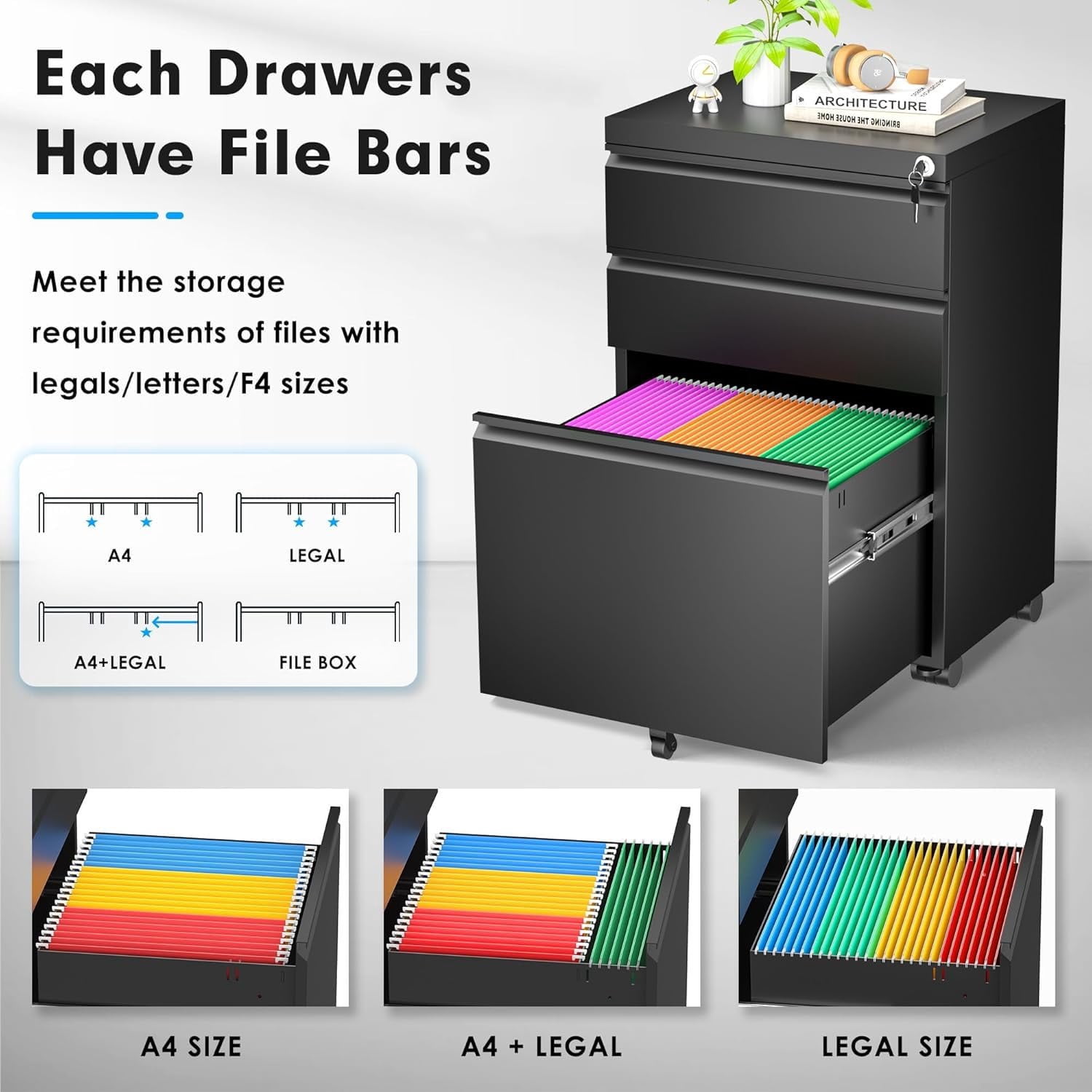 SOLAURA 3 Drawer File Cabinet with Wheels & Lock, Metal Rolling File Cabinet, Under Desk Mobile Filing Cabinet for Office, Fits Legal/Letter/A4 Size(Unassembled, Black)