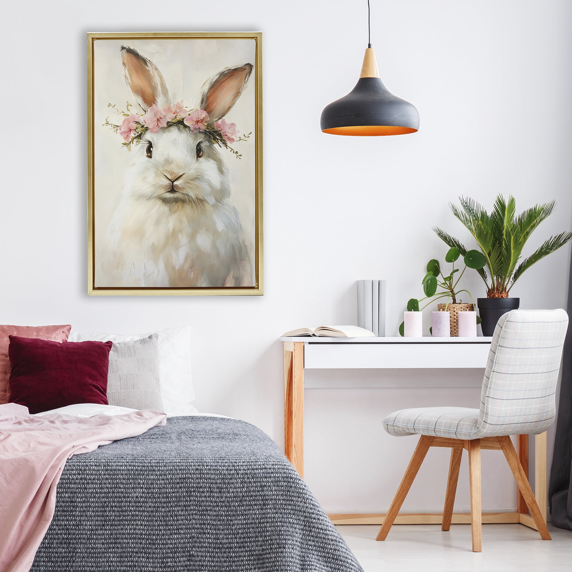 Stupell Industries Bunnykins with Pink Crown Gold Framed Floater Canvas Wall Art, design by Tina LeCour